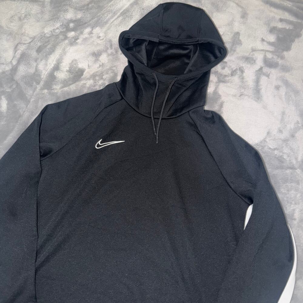 Nike Dri-FIT Black Pullover Hoodie White Stripes Swoosh Men’s Size M
